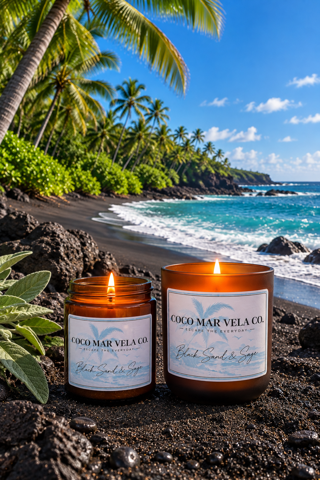 Black Sand & Sage candles on a tropical black-sand beach
