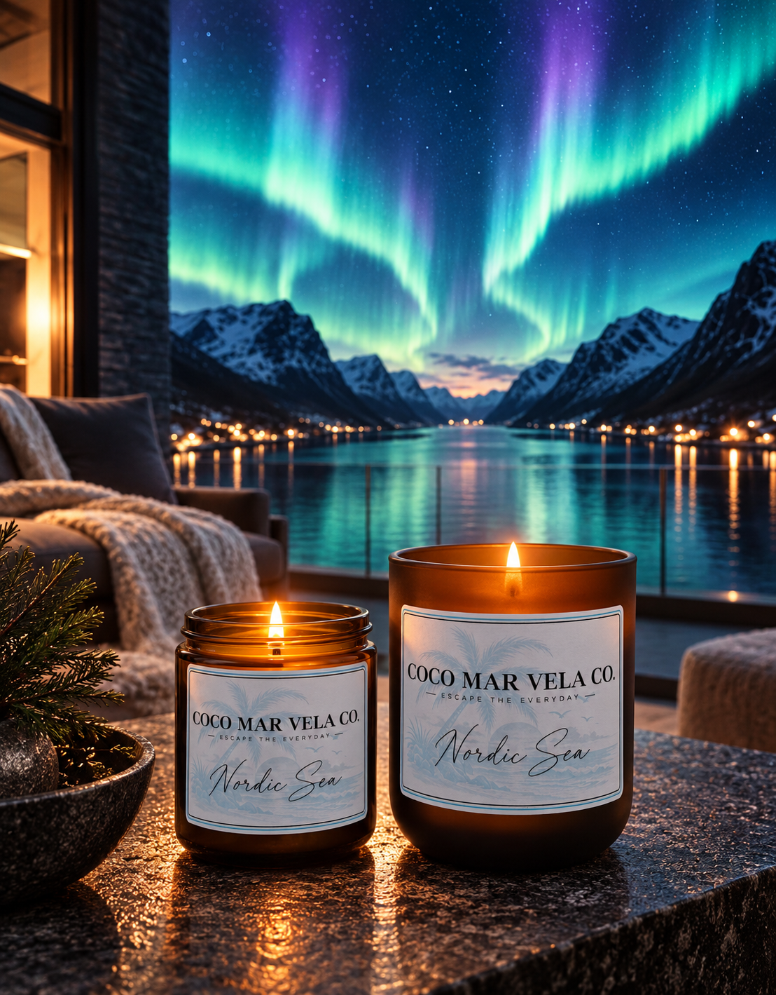 Nordic Sea candles overlooking a fjord beneath the Northern Lights