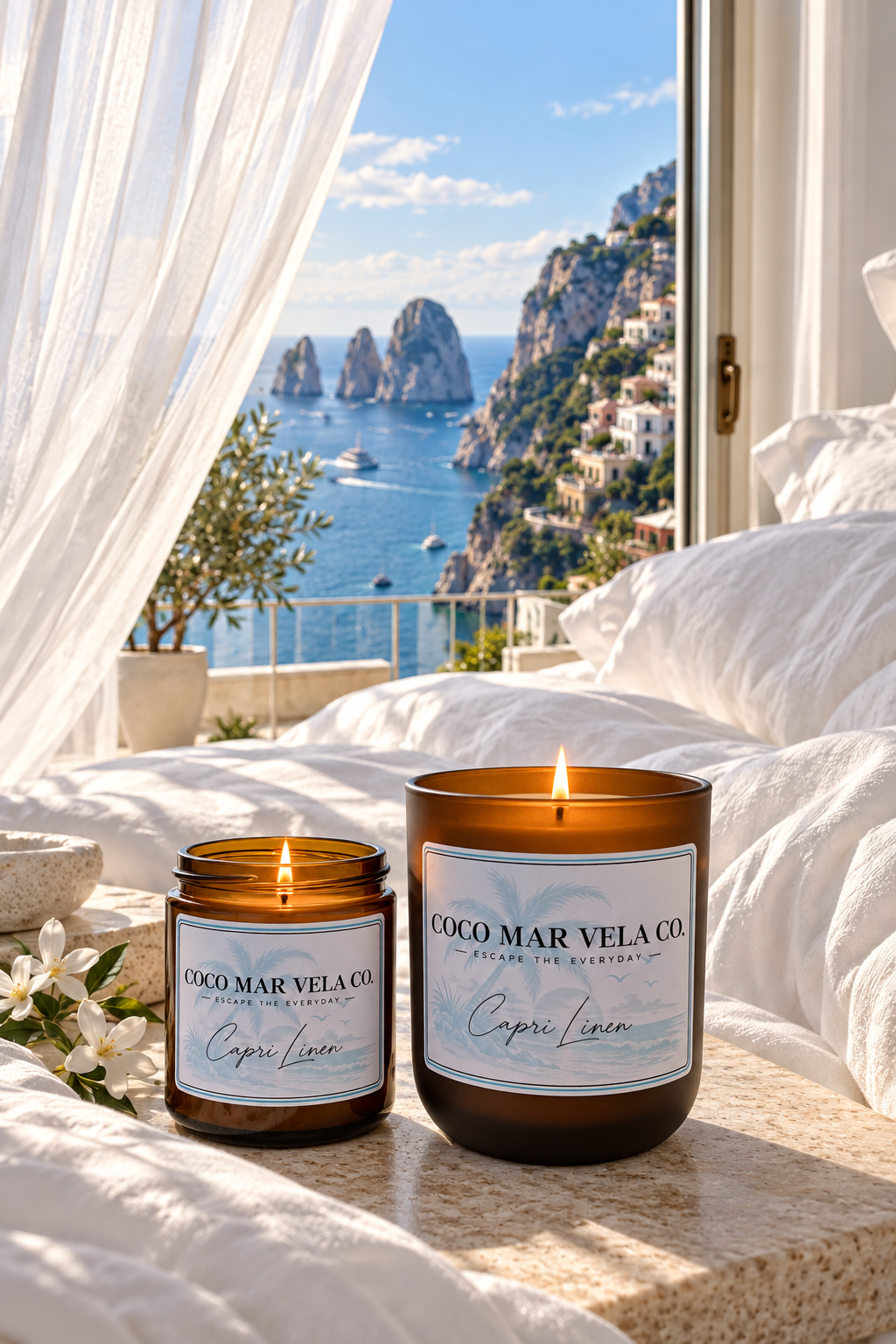 Capri Linen candles in a bright bedroom overlooking the Capri coastline