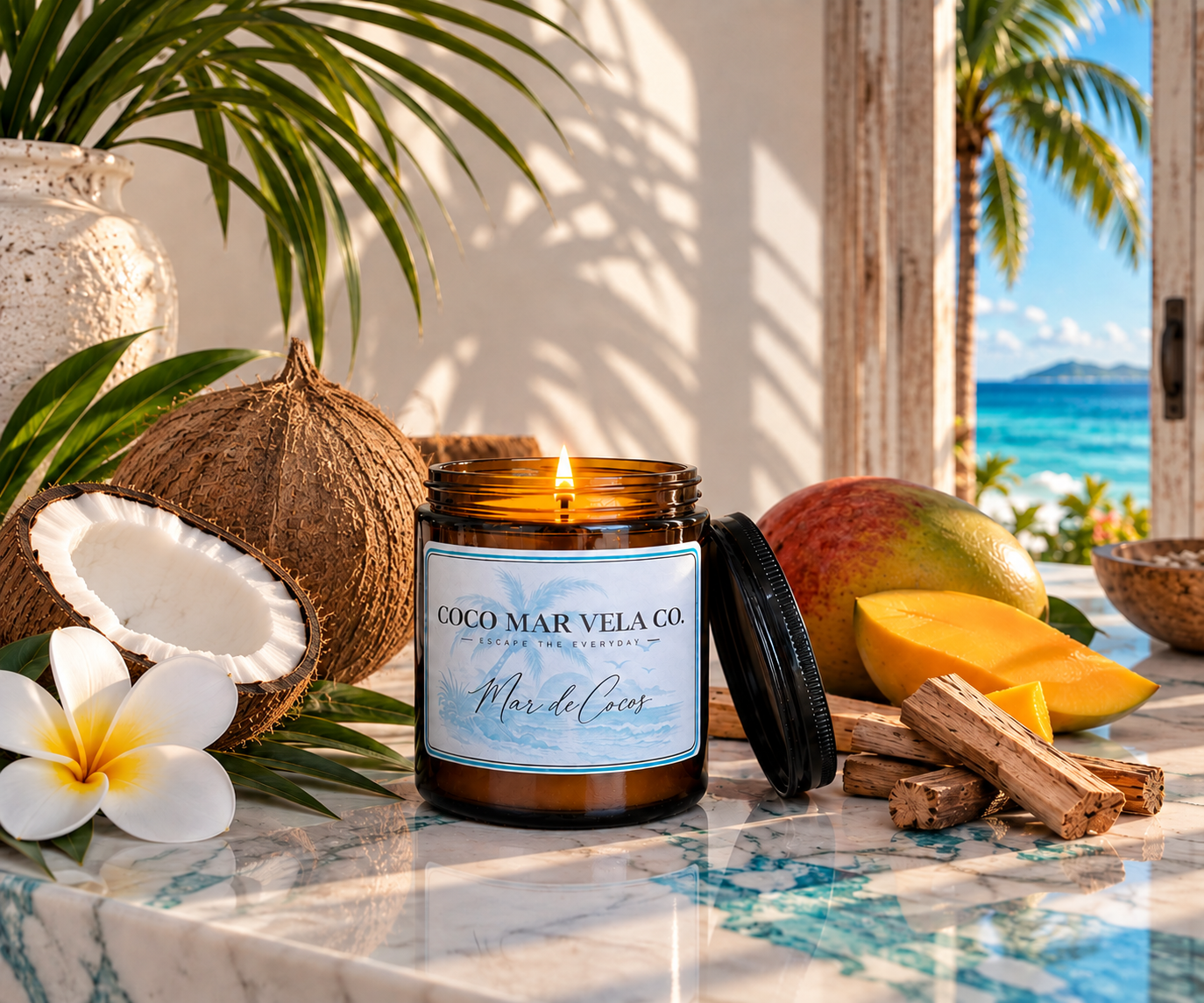 Mar de Cocos candle with coconut, mango, and frangipani overlooking a tropical beach