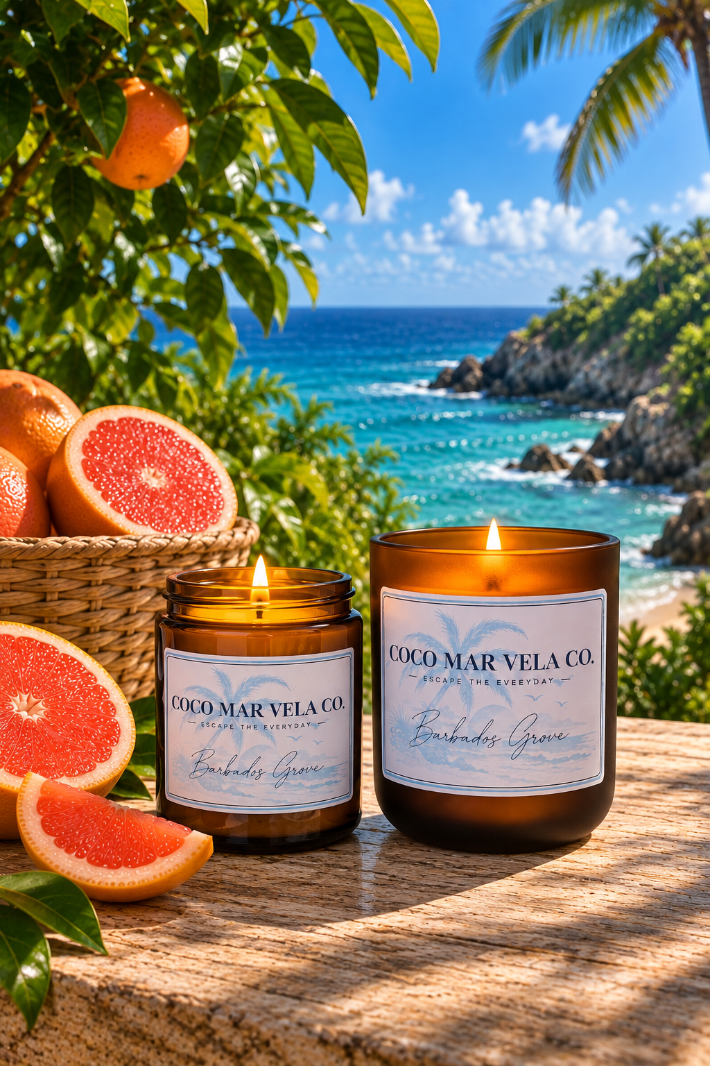Barbados Grove candles with grapefruit beside a Caribbean coast